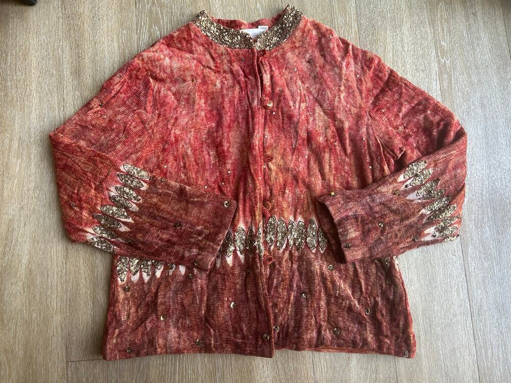 Soft Surroundings Boho Crushed Velvet Sunburst Jacket Sequin Trim Terracotta XL